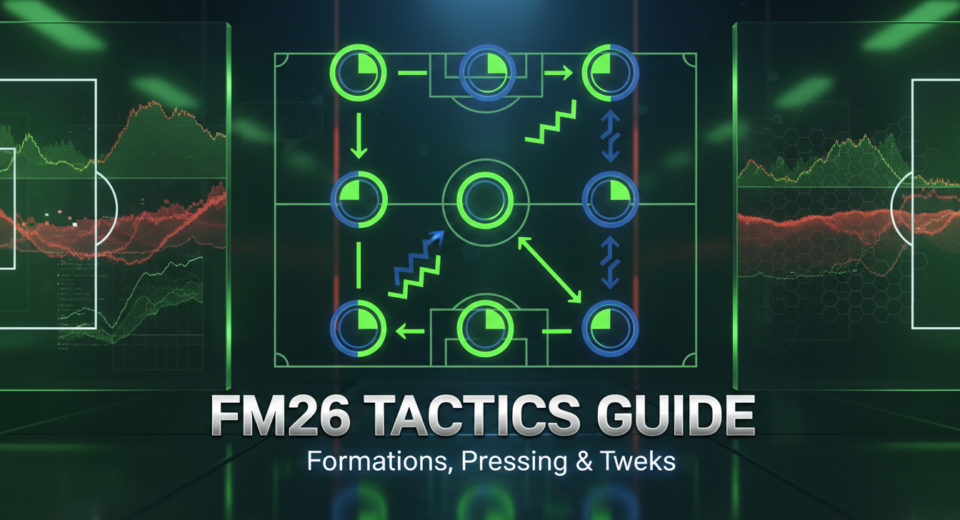 FM26 Tactics Guide covering the best formations, 4-2-3-1 systems, pressing structures, underdog tactics, and in-game tactical tweaks in Football Manager 2026.