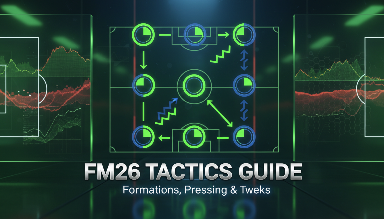 FM26 Tactics Guide covering the best formations, 4-2-3-1 systems, pressing structures, underdog tactics, and in-game tactical tweaks in Football Manager 2026.