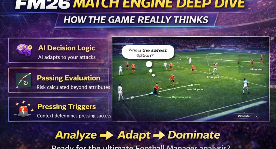 FM26 Match Engine Masterclass showing AI decision-making, passing evaluation, pressing triggers, and tactical transitions in Football Manager 2026