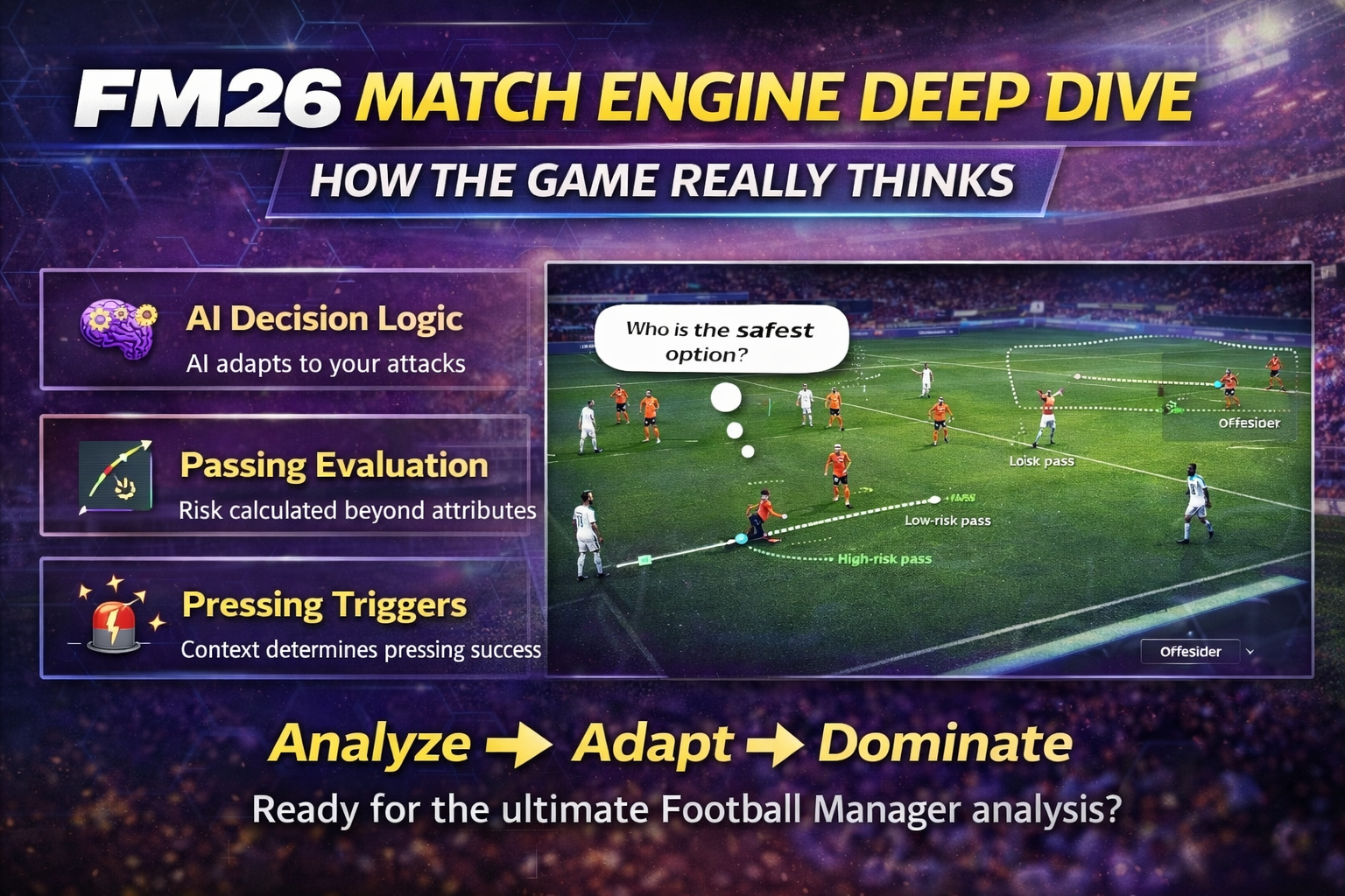 FM26 Match Engine Masterclass showing AI decision-making, passing evaluation, pressing triggers, and tactical transitions in Football Manager 2026