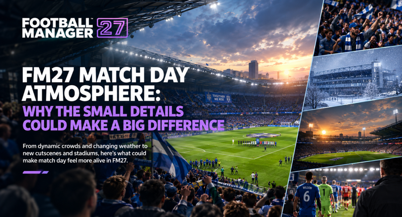 FM27 match day atmosphere with a packed stadium, dynamic crowds and changing weather